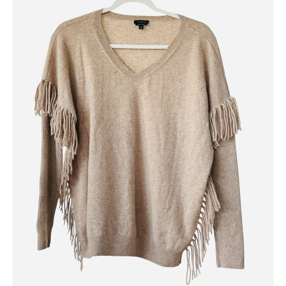 Talbots‎ Pure Cashmere Donegal Fringed V-Neck Pullover Sweater Women's Size M